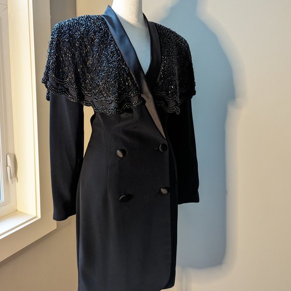 Vintage 80's Beaded Cape /Tuxedo Mini Dress - Picture 3 of 8